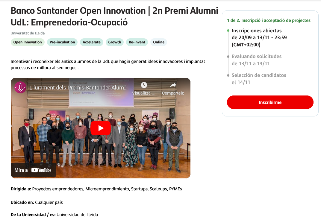 Banco Santander Open Innovation 2n Premi Alumni UdL Emprenedoria-Ocupació - Santander X